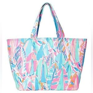 Lilly Pulitzer Large Palm Beach Canvas Tote Bag Out to Sea Pink Blue Sailboats